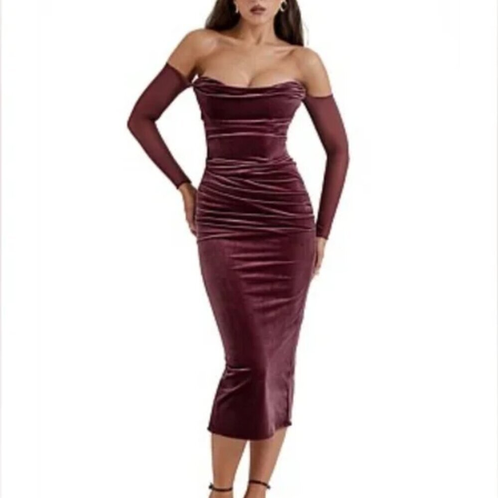 House Of CB Off-Shoulder Burgundy Dress "Leora"